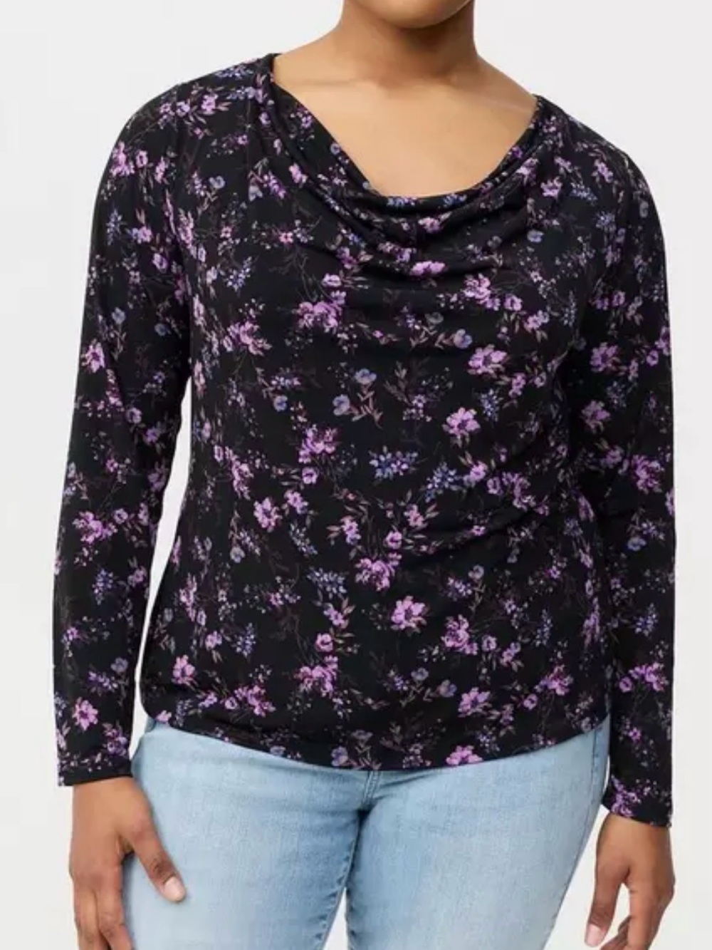 torrid Black and Purple Floral Cowl Neck Long Sleeve Top